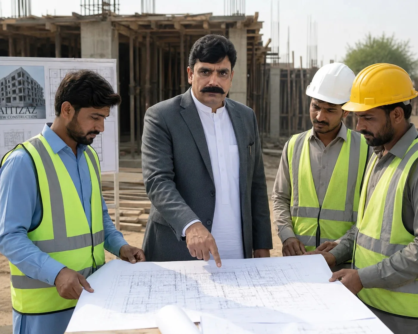 3 Engineers Contracting civil engineer reviewing project drawings with site team